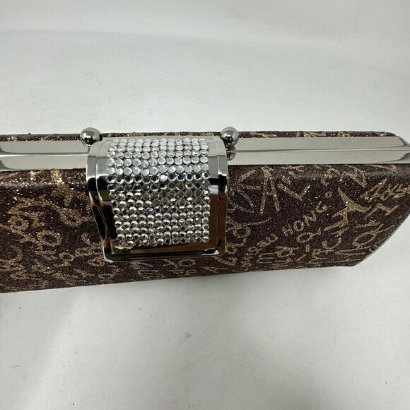 Evening Bag Clutch Shoulder Bag Brown - Gold Letters & Numbers Clasp 9Lx3Hx2W - Picture 8 of 14